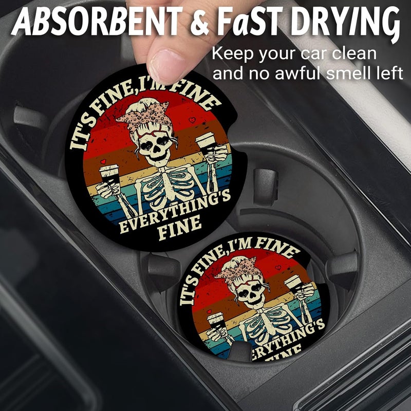 Yonlevres Car Coasters for Cup Holders，2.75" Anti Slip Rubber Mat with A Finger Notch, 2 Pack Car Cup Holder Coasters for Car Interior Accessories for Women Men Skeleton Skull - Image 2